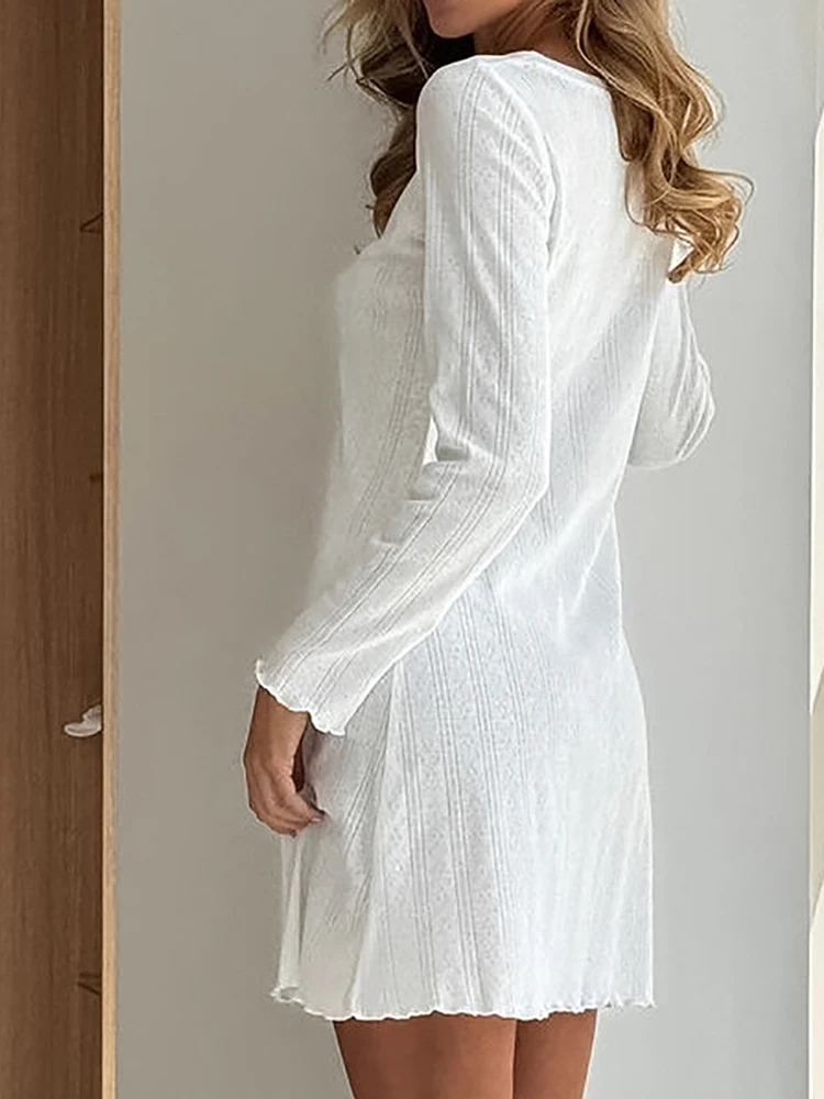 Hiloc Knitted Night Dress Women Long Sleeve O Neck Sleepwear Female Casual White Nightwear 2024 Autumn Woman Dresses Solid