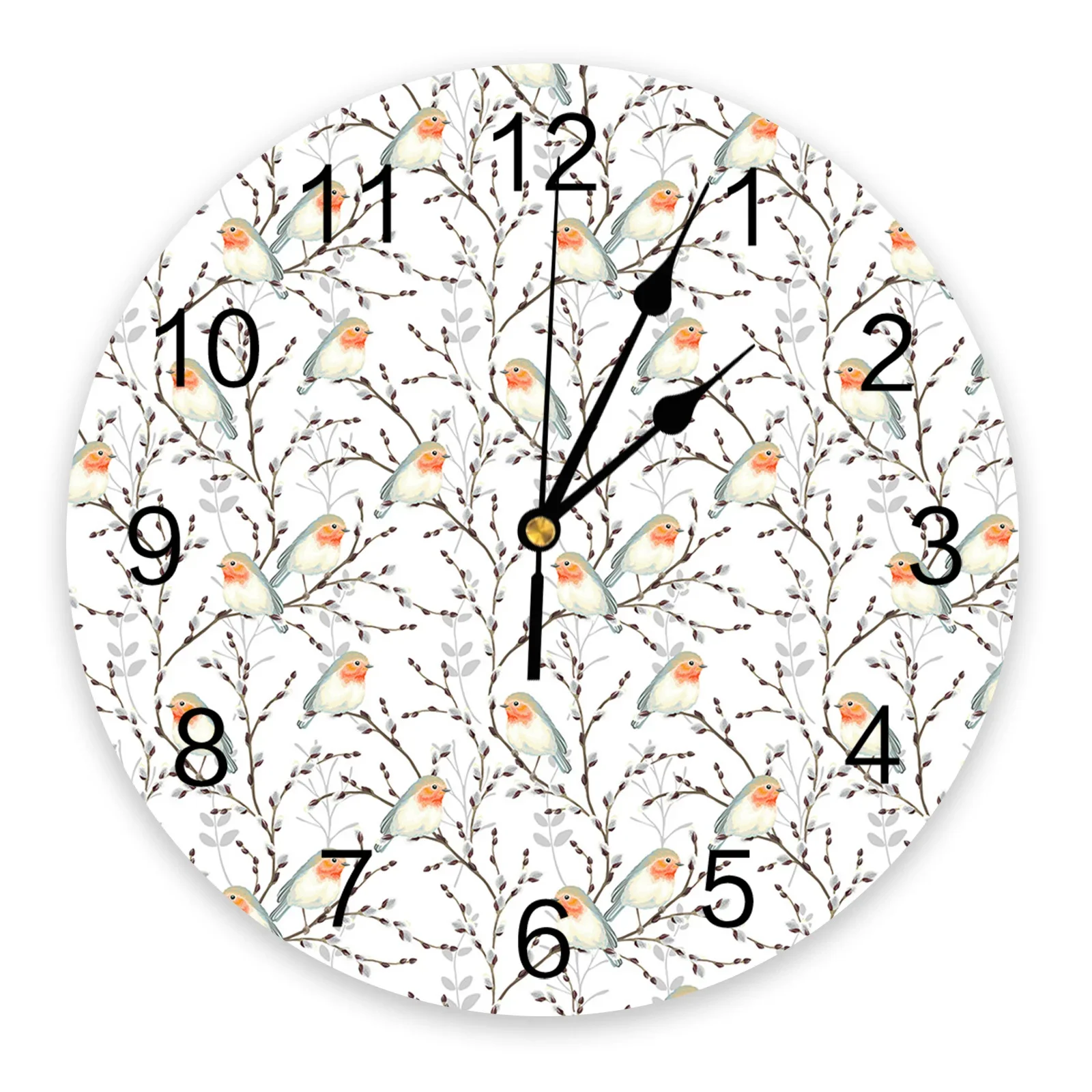 Willow Branch And Robin Round Wall Clock Modern Design Kitchen Hanging Watch Home Decor Silent Wall Watch