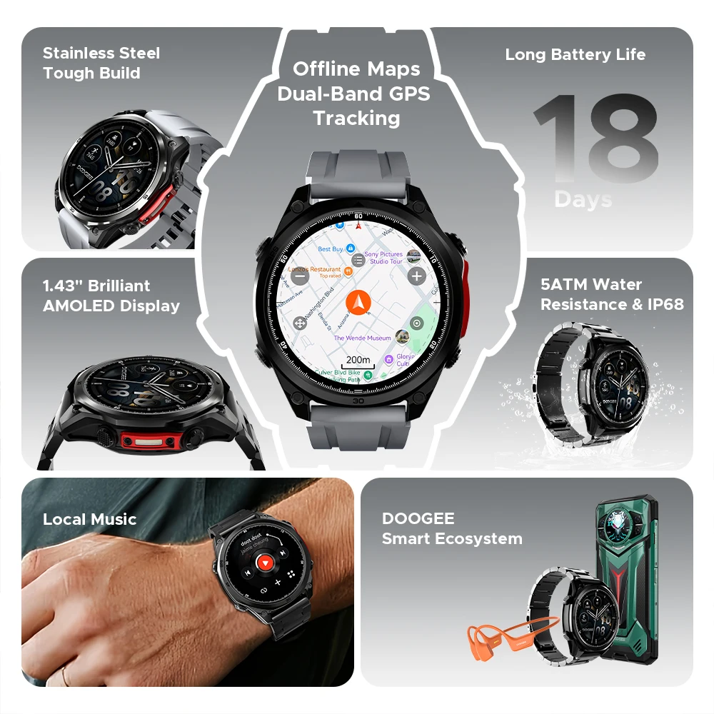 DOOGEE ANYWISE W1 PRO Smartwatch 1.43'' 5ATM Water Resistance 178 Sports Modes Health Monitoring Geomagnetic Sensor Offline Maps