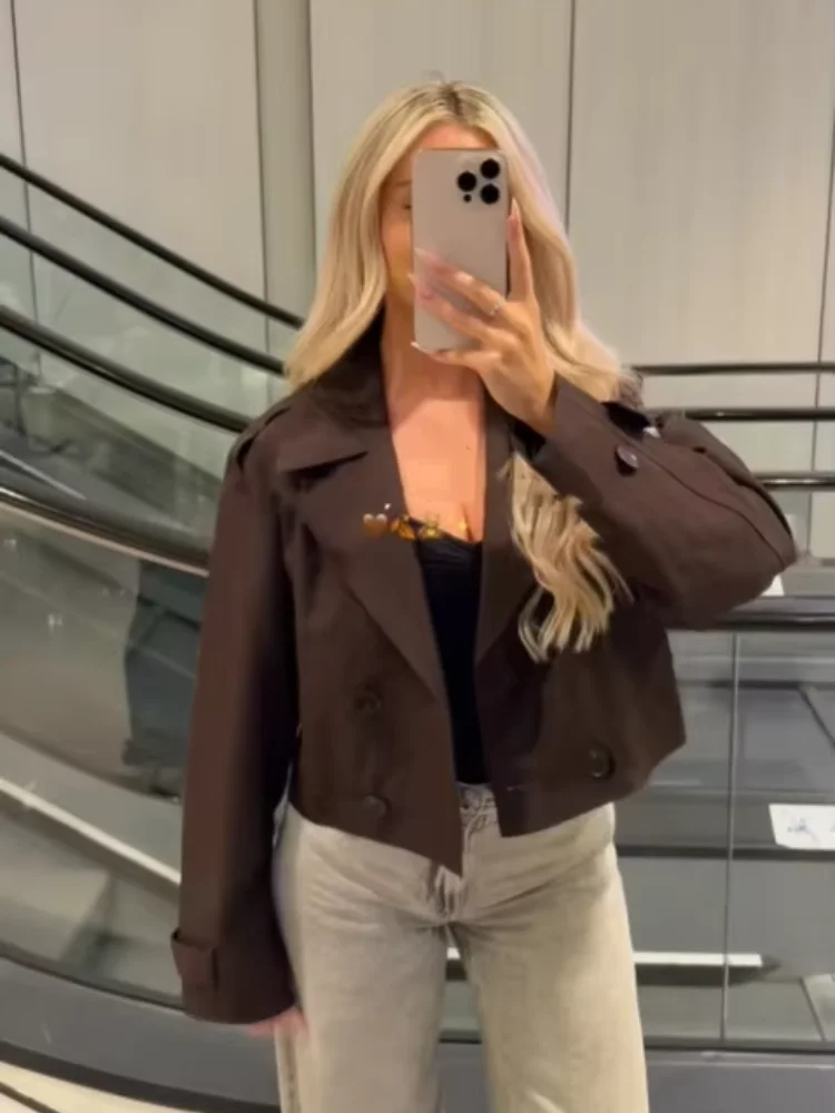 Brown Double Breasted Short Trench Coats Women Casual Lapel Long Sleeve Pocket Cropped Jackets Lady Commute Office Street Wear