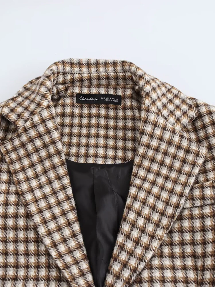 Neue Damenmode im europäischen Stil, vielseitiger, eleganter Reversmantel/Jacke mit einreihigem, langen Ärmeln und kariertem Mantel.