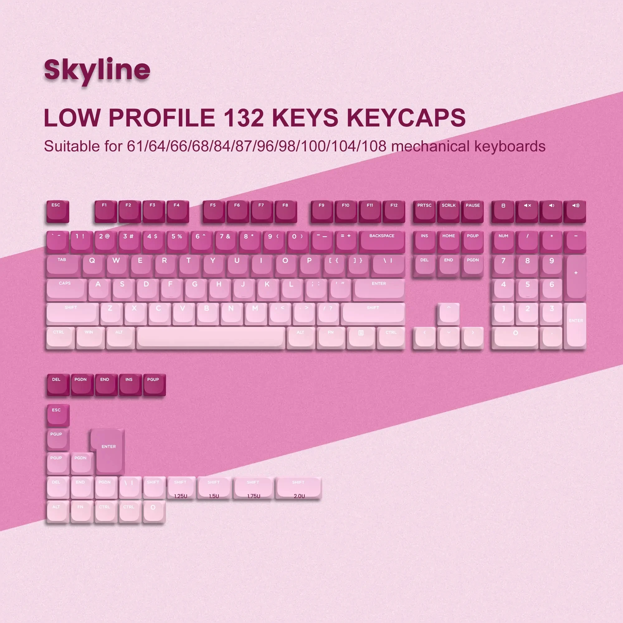 133 Key Low Profile  PBT Keycaps Gradient Pink Key cap for  61/84/87/104 /108 Cherry Gateron MX Gamer Mechanical Keyboard