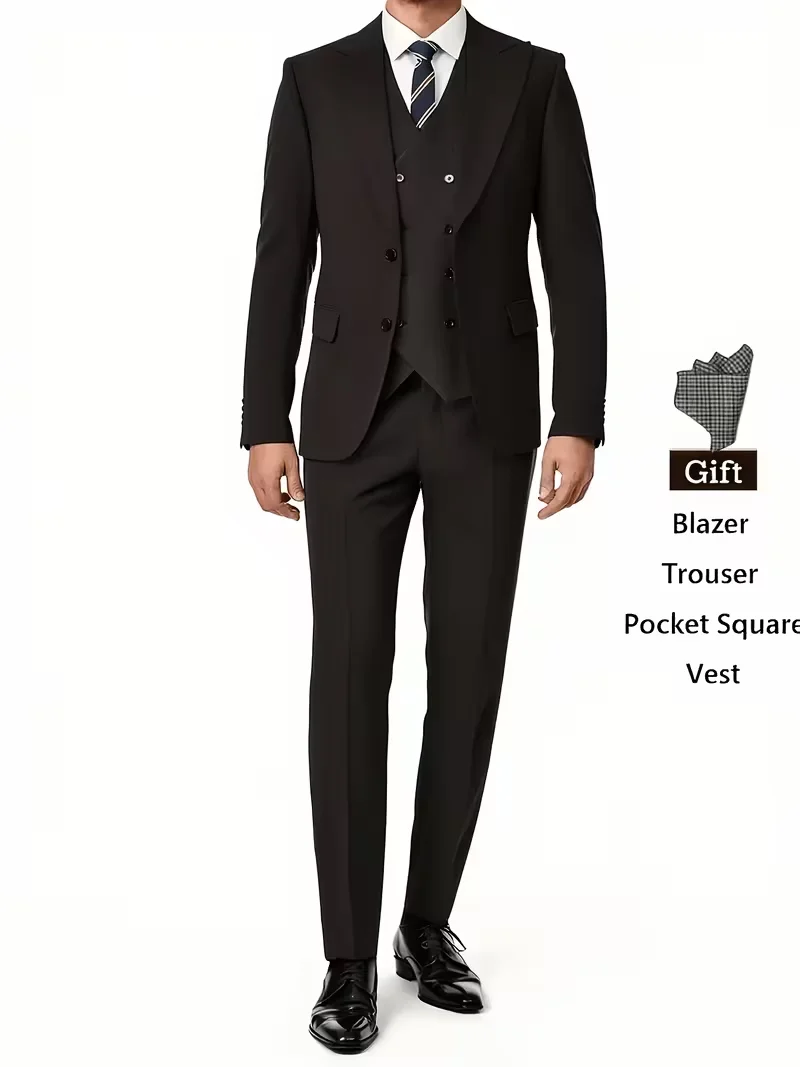 Black Double Breasted Formal Men 3 Piece Suit Slim Fit Business Interview Blazer Waistcoat Pants Free Pocket Square