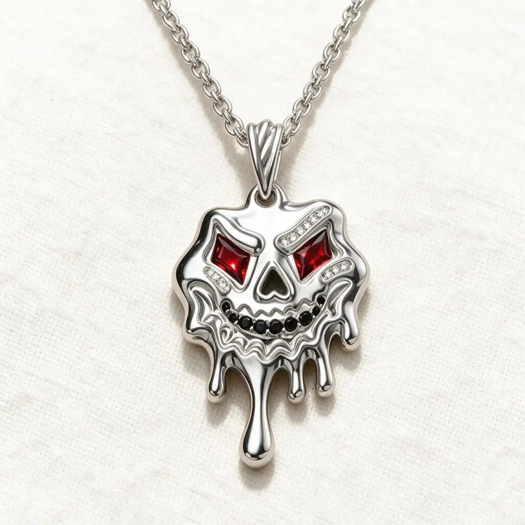 Punk Liquid Melting Demon Skull Pendant Necklace Stainless Steel Rhinestone Inlaid Street Rock Hip Hop Clavicle Chain For Men