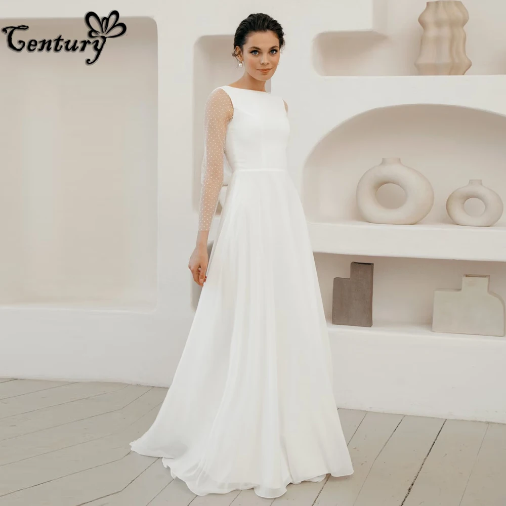 Abito da sposa semplice per donna Sposa manica lunga A Line Lunghezza pavimento Illusion Back Abiti da sposa civili Eleagnt Personalizzato