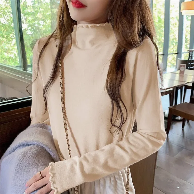 

2023 Autumn and Winter Women Blouse Long Sleeve Solid Slim Turtleneck Fleece Versatile Tops Tees Female