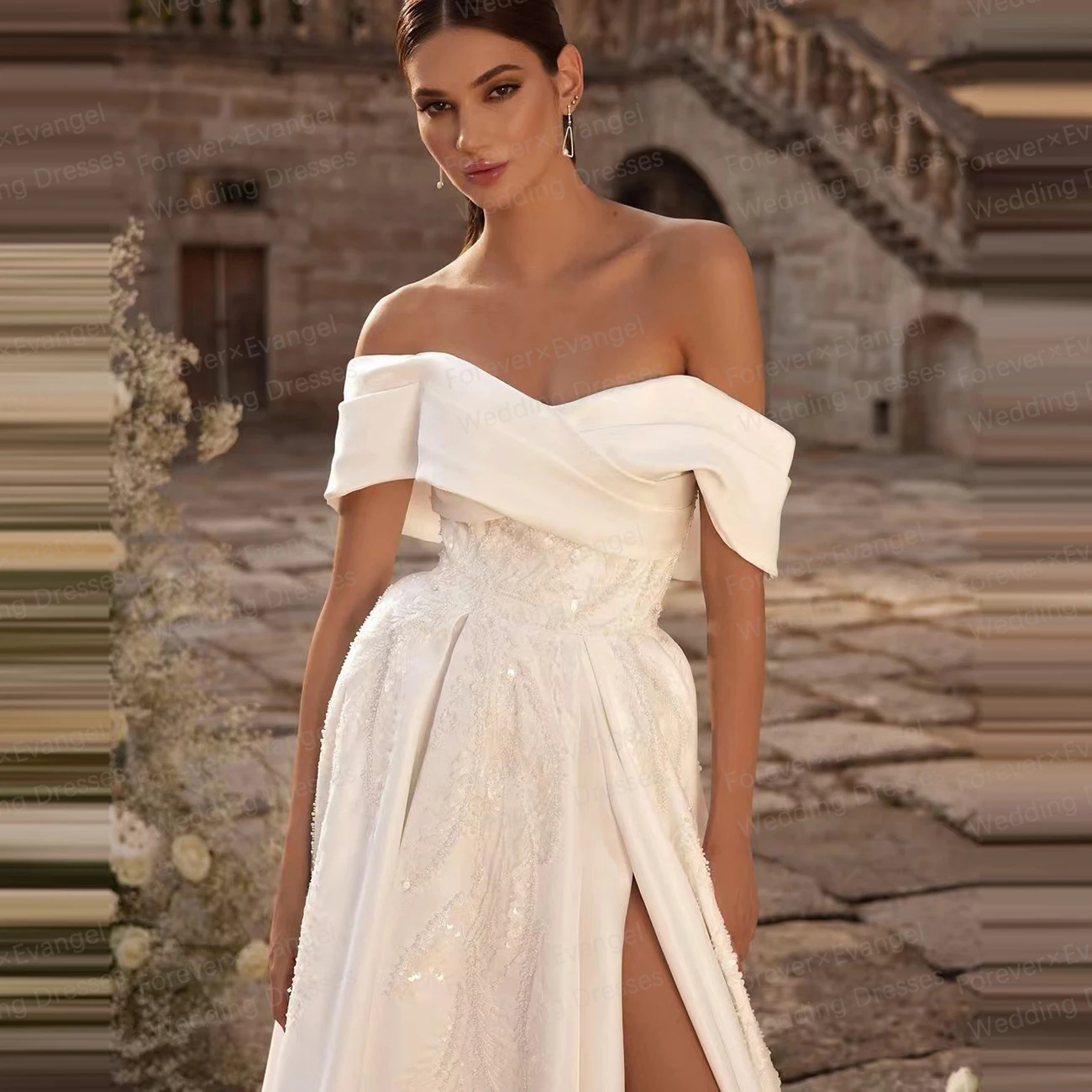 Robe de mariée à paillettes scintillantes A-ligne pour femmes, robes de mariée sexy, robe en satin de fibre, haute fente, élégante, luxe, Off initié