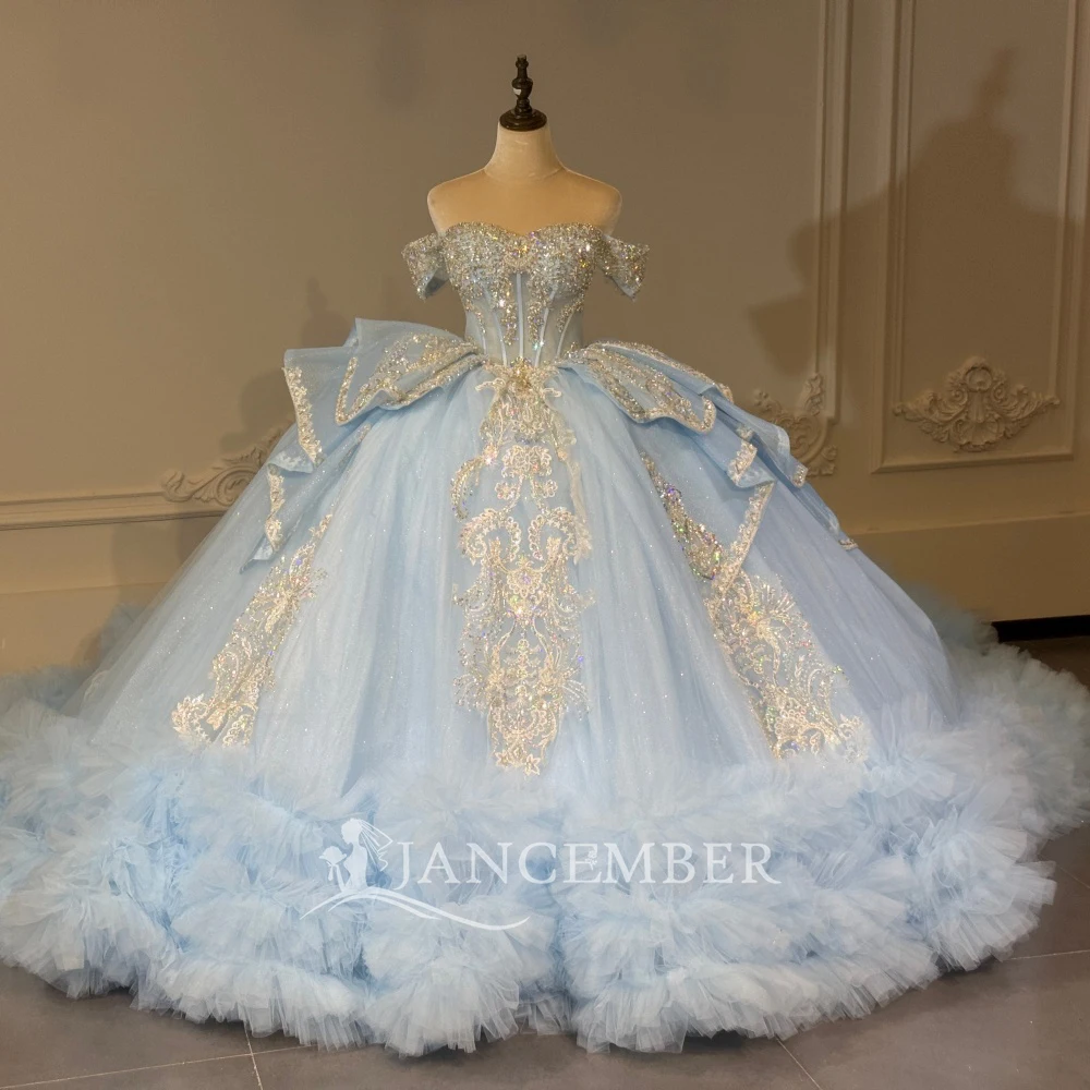 Tiptop Baby Blue Ball Gown Customized Quinceanera Dresses Off Shoulder Lace Ruffled Sweep Train Scoop vestido de 15 quinceañera