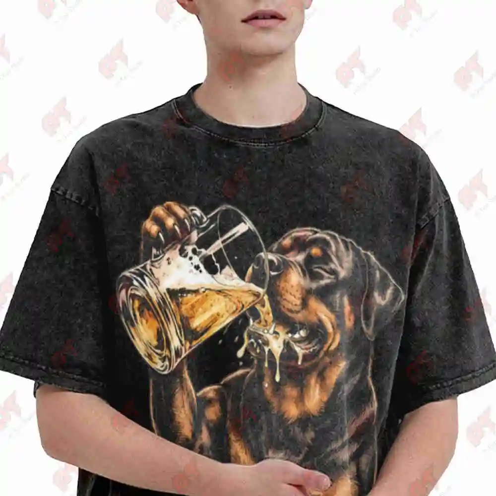 Rottweiler Beer Retro Dog Lovers Vintage Washed Tee Pure Cotton T-Shirt
