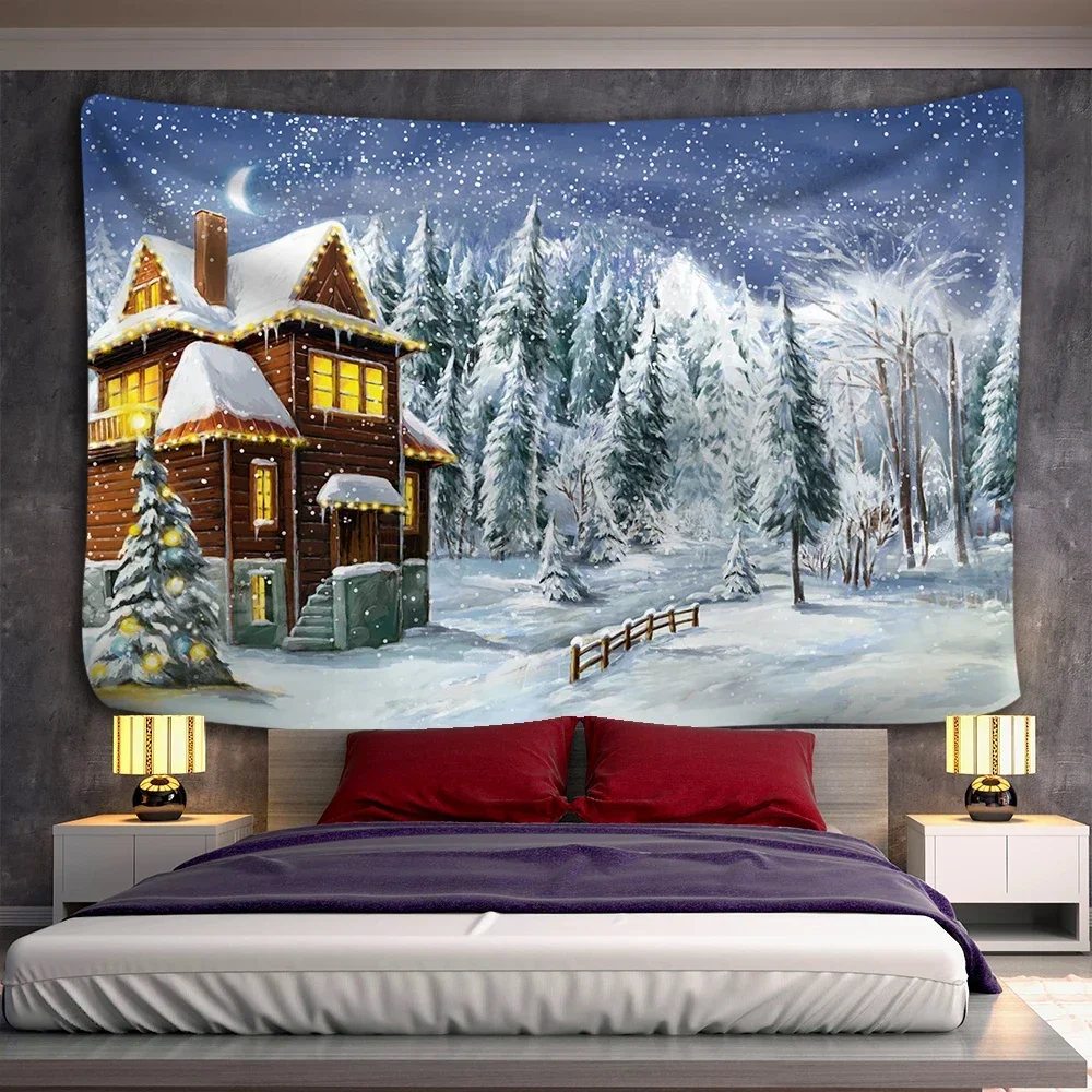 Christmas snowscape home decoration tapestry forest cottage Bohemian decoration Hippie Christmas tree large size tapestry