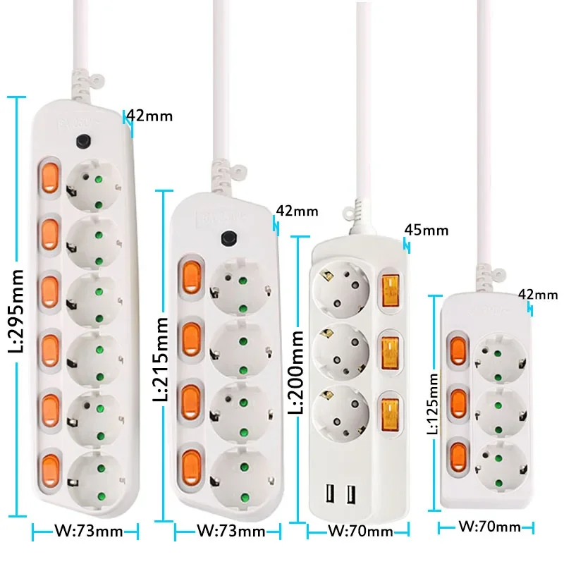 Cabo de extensão EU, Faixa de alimentação, Proteção contra sobrecarga, Comutado individualmente, Tomada USB, 1,5 m, 2,5 m, 10, 16A, 250V, 2, 3, 4,