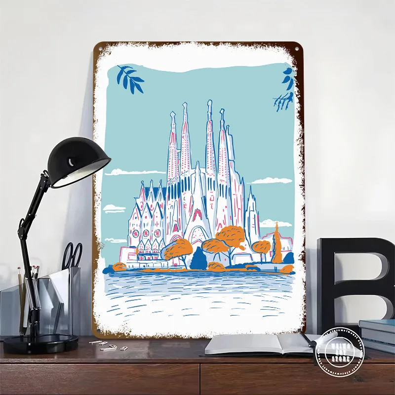 Sagrada Familia Barcelona Tinplate Poster Custom Wall Art Vintage Metal Signs Retro Tin Plaque for Home and Decoration Room At