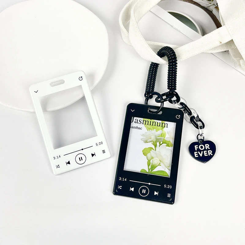 Music Player Hollow Card Holder Student Bus Subway Card Protector Girl Kpop Photocard Credit Card case Spring Rope Heart Pendant