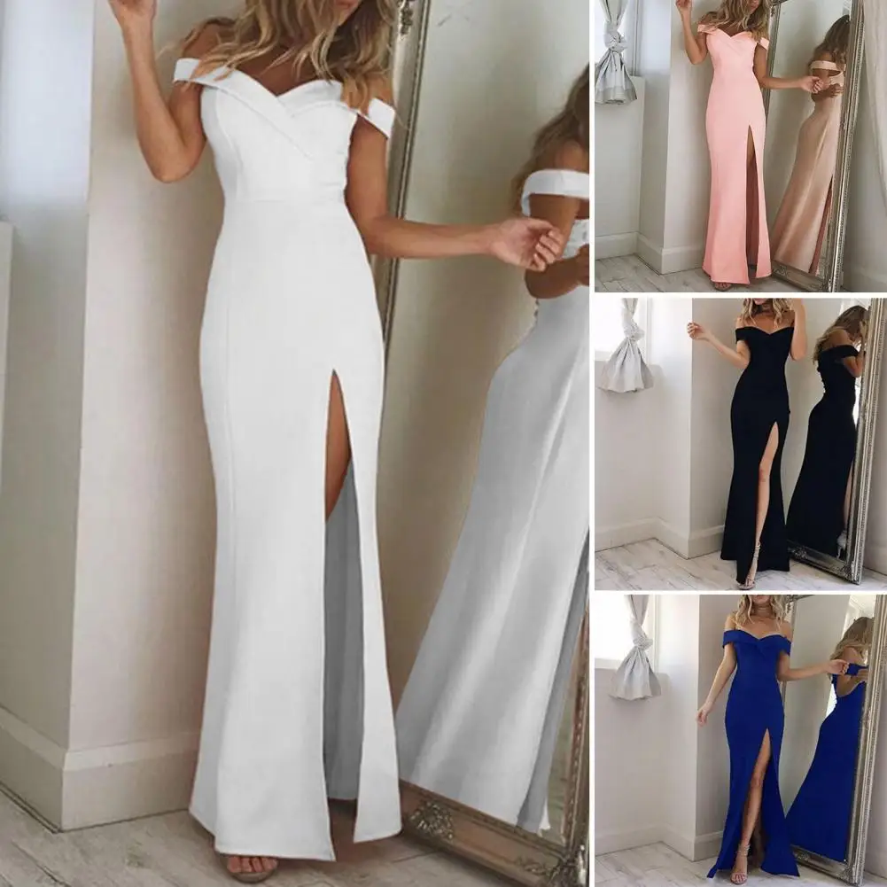 Women Evening Dress Slit Hem Evening Dress Elegant Women's Evening Dress Off Shoulder Backless Sleeveless High Waist Full Length