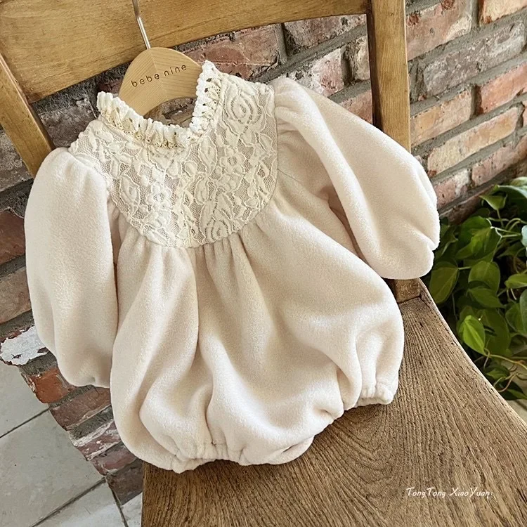 Baby Clothing 2023 Autumn and Winter Korean Style Lace Collar Solid Color Casual Simple New Fashion Princess Sweet Romper