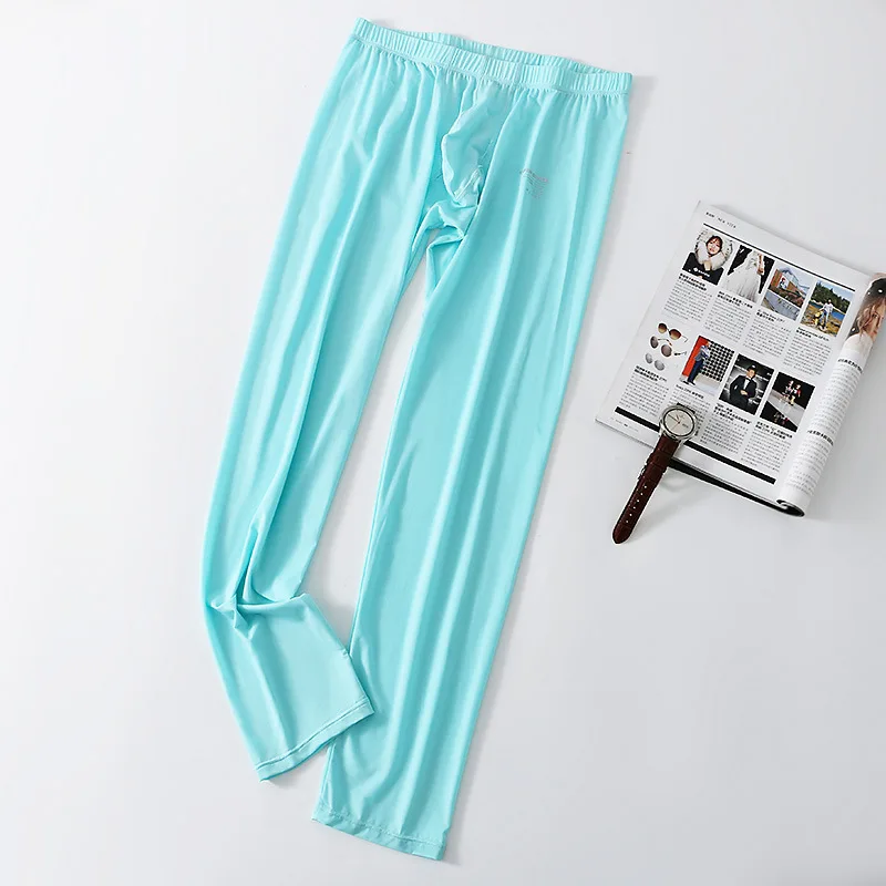 Leggings longs en soie glacée pour hommes, Leggings ultra-fins de couleur unie, sous-vêtements thermiques lisses, bas de couchage, pochette pour pénis, pantalon bombé