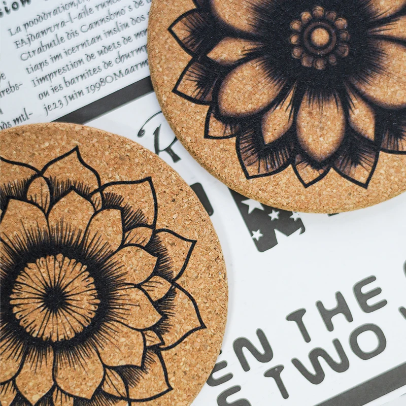 2PCS Cork Coaster Mandala Flower Non-Slip Wooden Heat Insulation Cup Mats Drink Pad Wood Accessory Kitchen Countertop Decoration