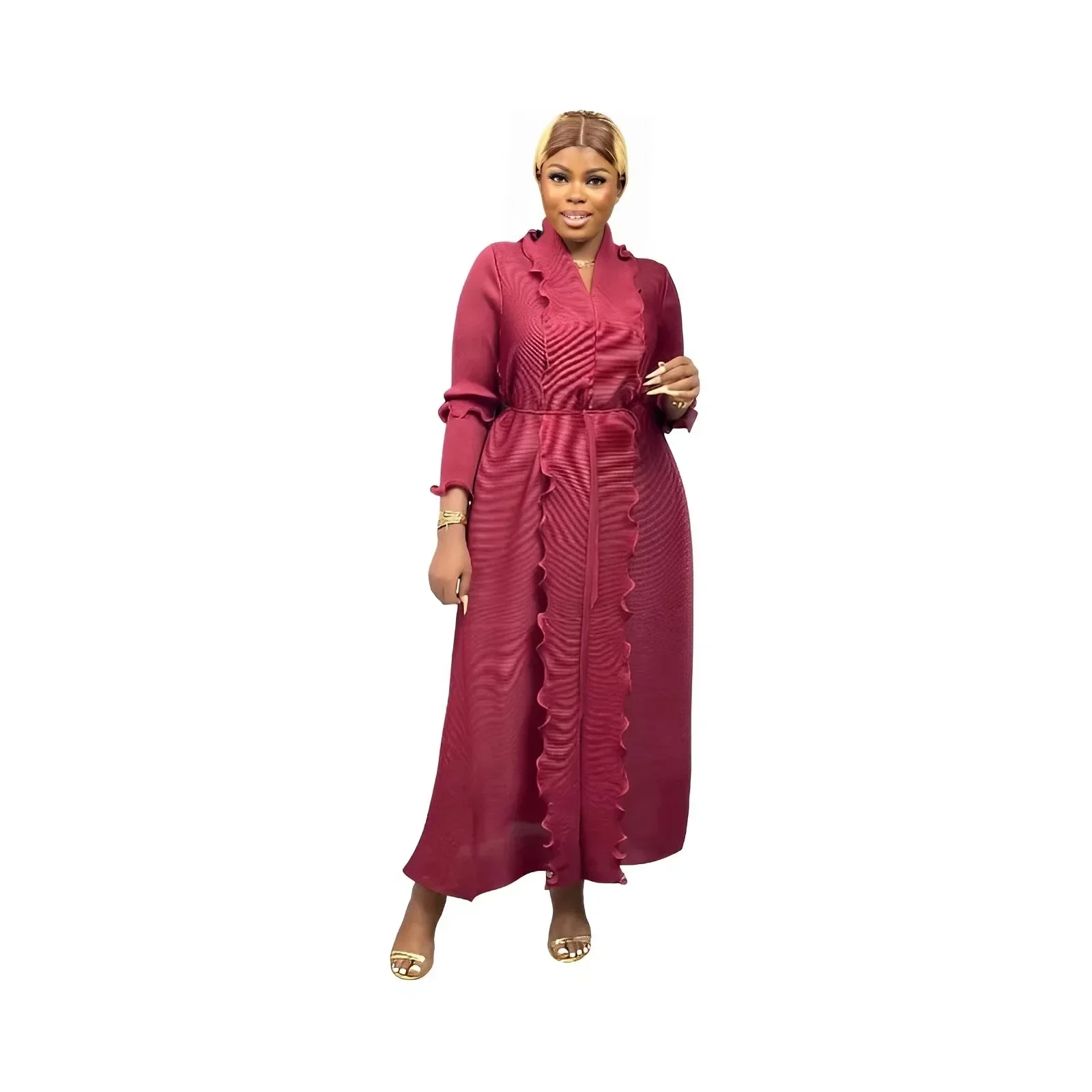 

Miyake Pleated Fashion New Casual Dress Women's Solid Color V-neck Long-sleeved Ruffle Lace Long Skirt Plus Size Women's Dress