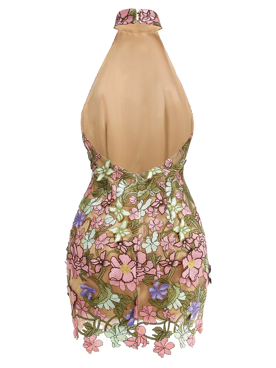 TWOTWINSTYLE Hit couleur minceur épissé robes brodées pour les femmes licou sans manches dos nu taille haute robe femme vêtements