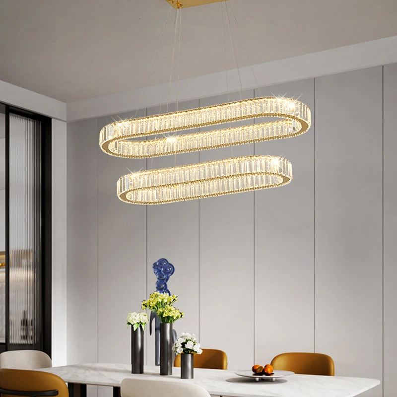 Modern Dining Room Ceiling Chandelier Led Dimmable Crystal Pendant Lights Interior Decoration Oval Gold Luster Lighting Fixtures