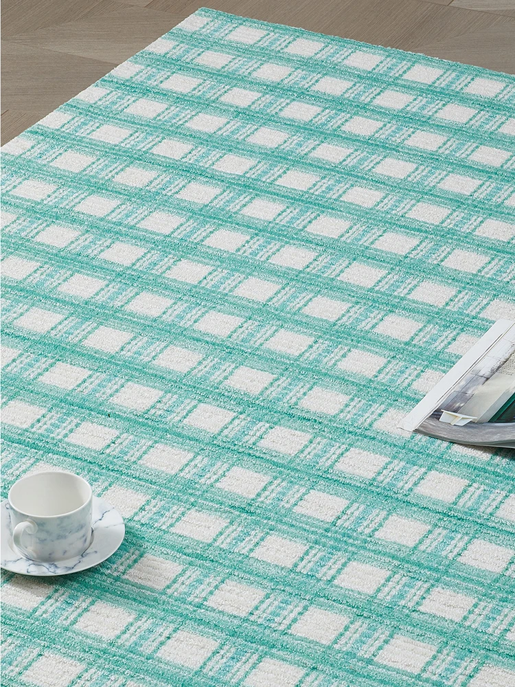 Light Green Plaid Wool Carpet Handmade Thick Bedside Balcony Area Rug for Bedroom Carpet Non-Slip Mat Living Room Home Decor