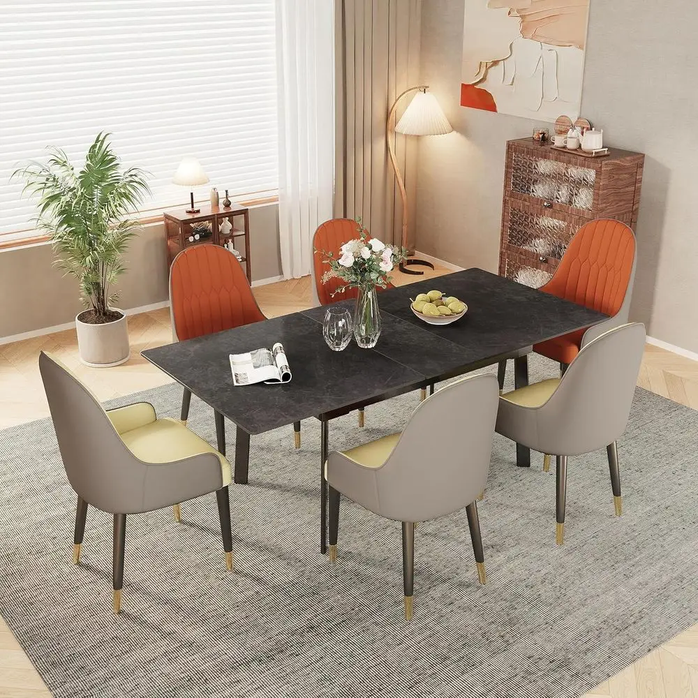 

Expandable Stone Dining Table: 51.1-62.9 Rectangular Retractable for 4-6 People - Black Metal Legs (No Chairs)