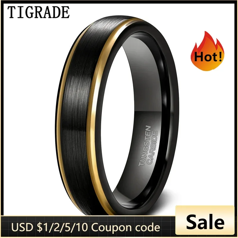 Tigrade Men Brushed Tungsten Black Ring With Gold Color Edge 6/8mm Unisex Women Men Wedding Band for Couple Name Date Engraving