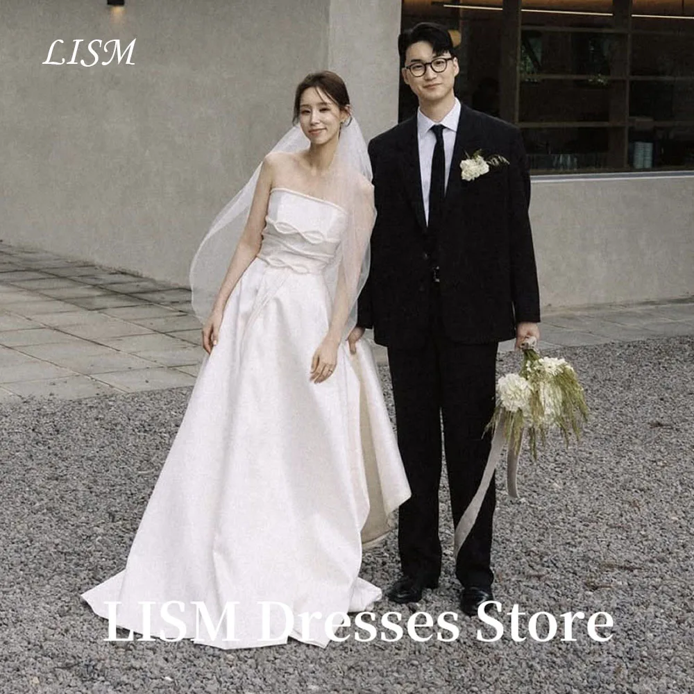 

LISM Sleeveless A-Line Korea Wedding Dresses Photo Shoot Soft Satin Floor Length Elegant Bridal Gowns 웨딩드레스 Customized Corsets