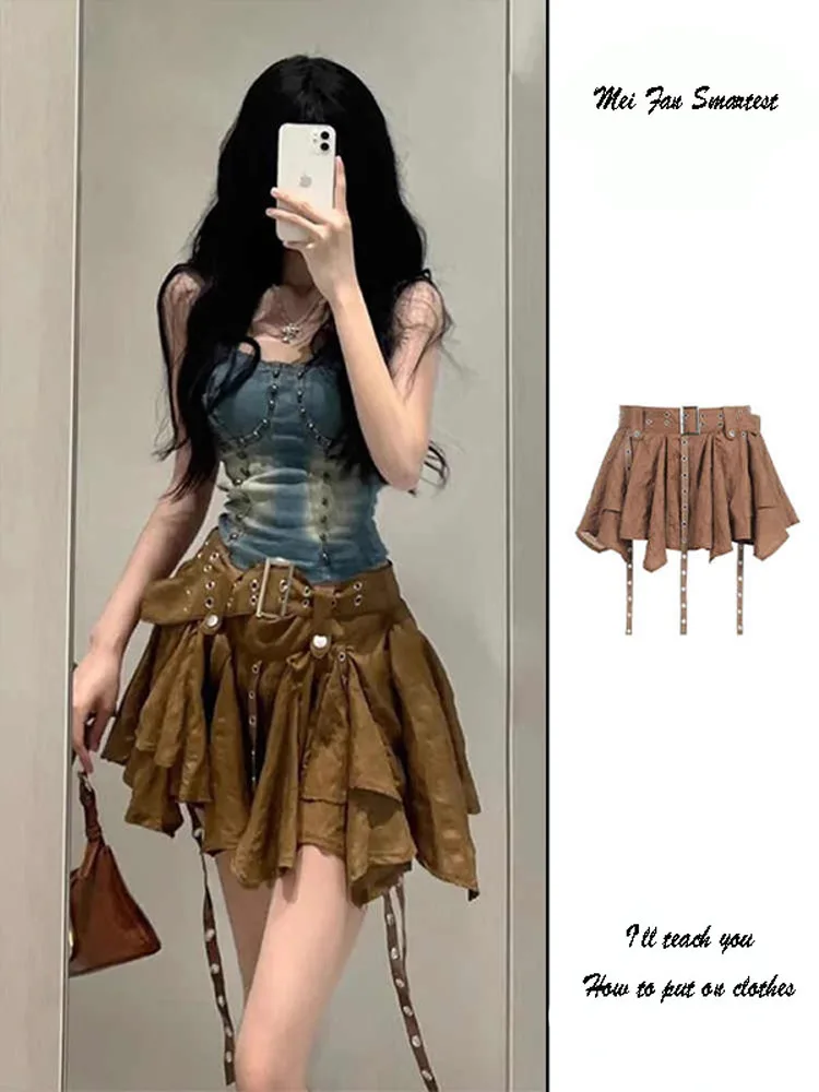 Spicy Girl Asymmetrical Pleated  Skirt Women's Summer New Vintage Wasteland Style Sash Heavy Short Skirts Korean Style Hi...