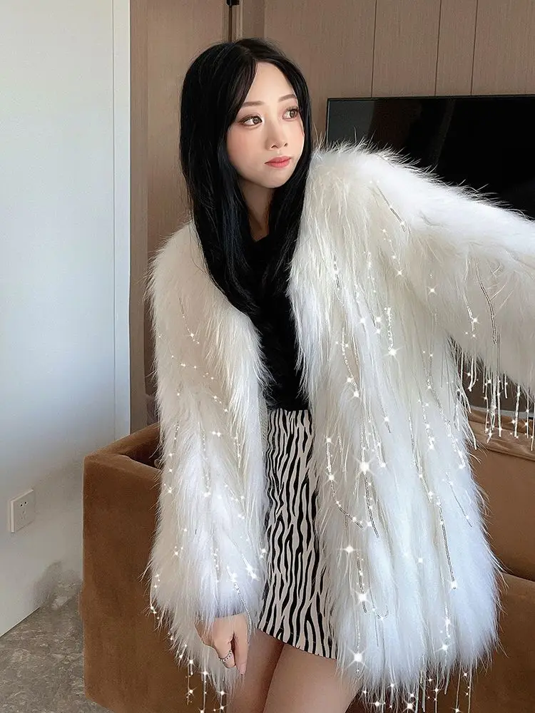 Winter Luxury Faux Fox Fur Coat Slim Long Pink Glitter tassels Faux Fur Jacket Women Lengthen Fake Fur Coats manteau fourrure