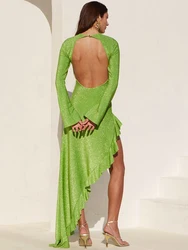 JULISSA MO Sexy Backless Bright Silk Shiny Women Maxi Dress Green Long Sleeve Evening Dress Summer Skinny Elegant Party Clubwear