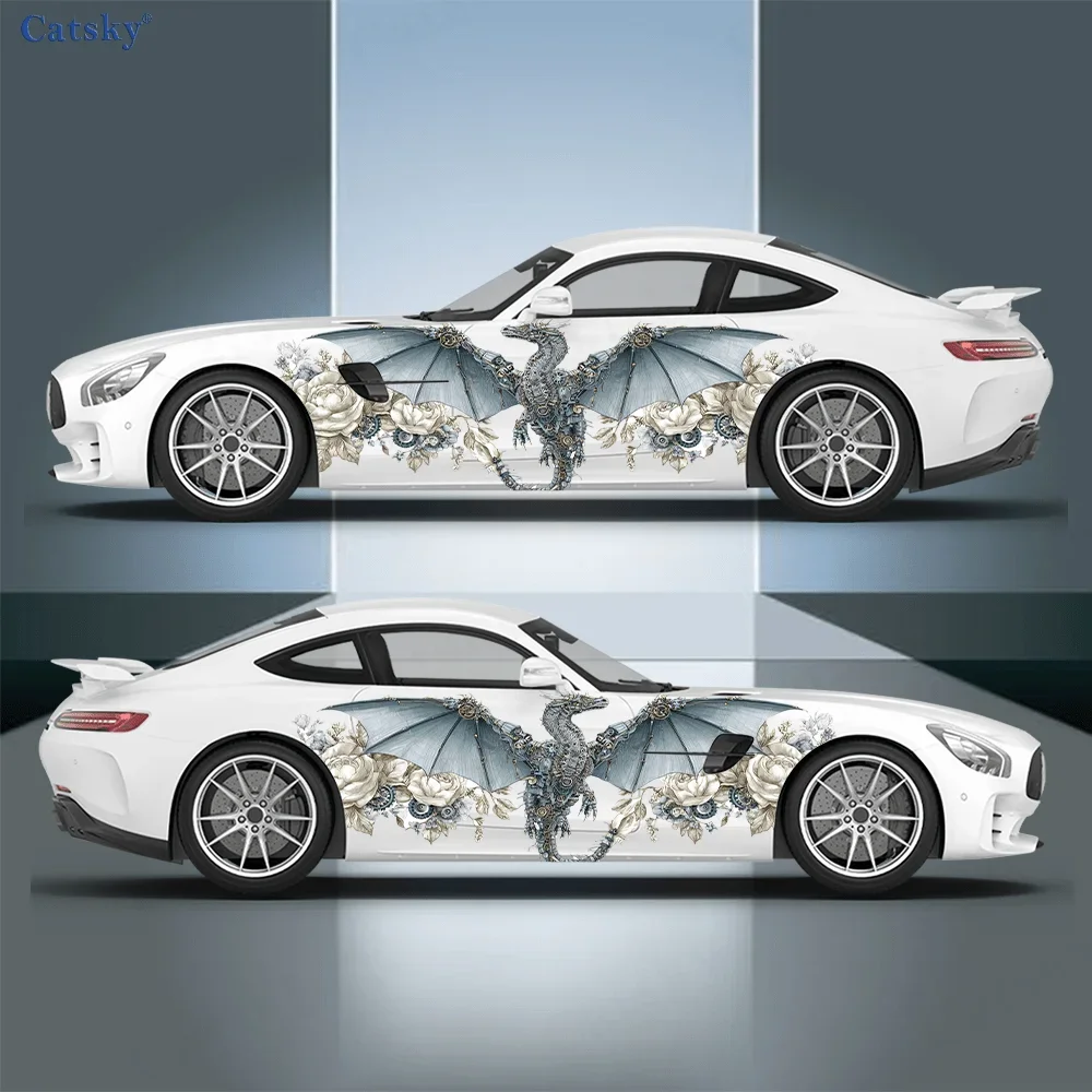 Gear Mechanical Flower Dragon Car Side Car Wraps, Self-Adhesive PVC Waterproof & Scratch-Resistant Stickers, Car Accessory Gift