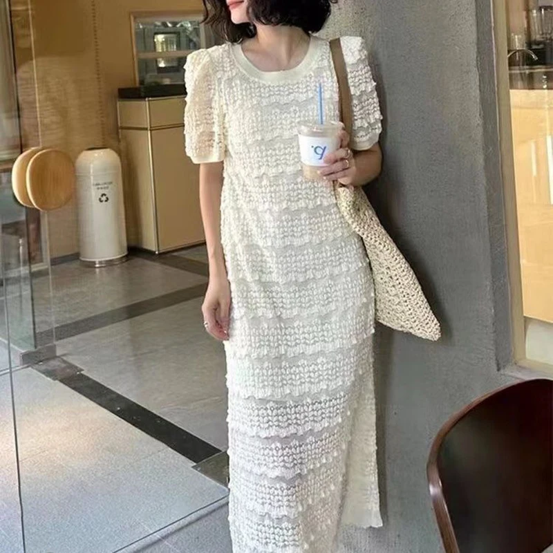 

Fashion O-Neck Solid Color Hollow Out Puff Sleeve Lace Dress Female Clothing 2024 Summer New Loose Sweet Princess Dress