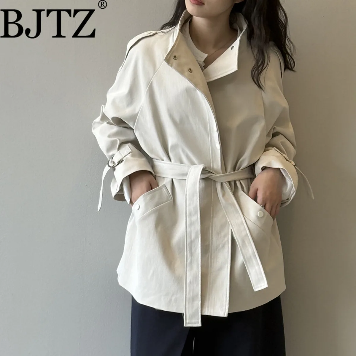 

BJTZ женский короткий плащ осень-зима в британском стиле повседневная свободная верхняя одежда с воротником-стойкой и поясом на талии