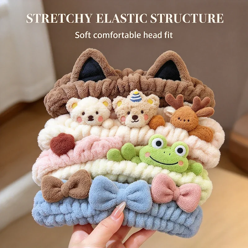 Premium Cute Cartoon Headband Women 2026 New Plush Hair Band Soft Stretchy Bath Shower Styling Accessory for Work Travel Party