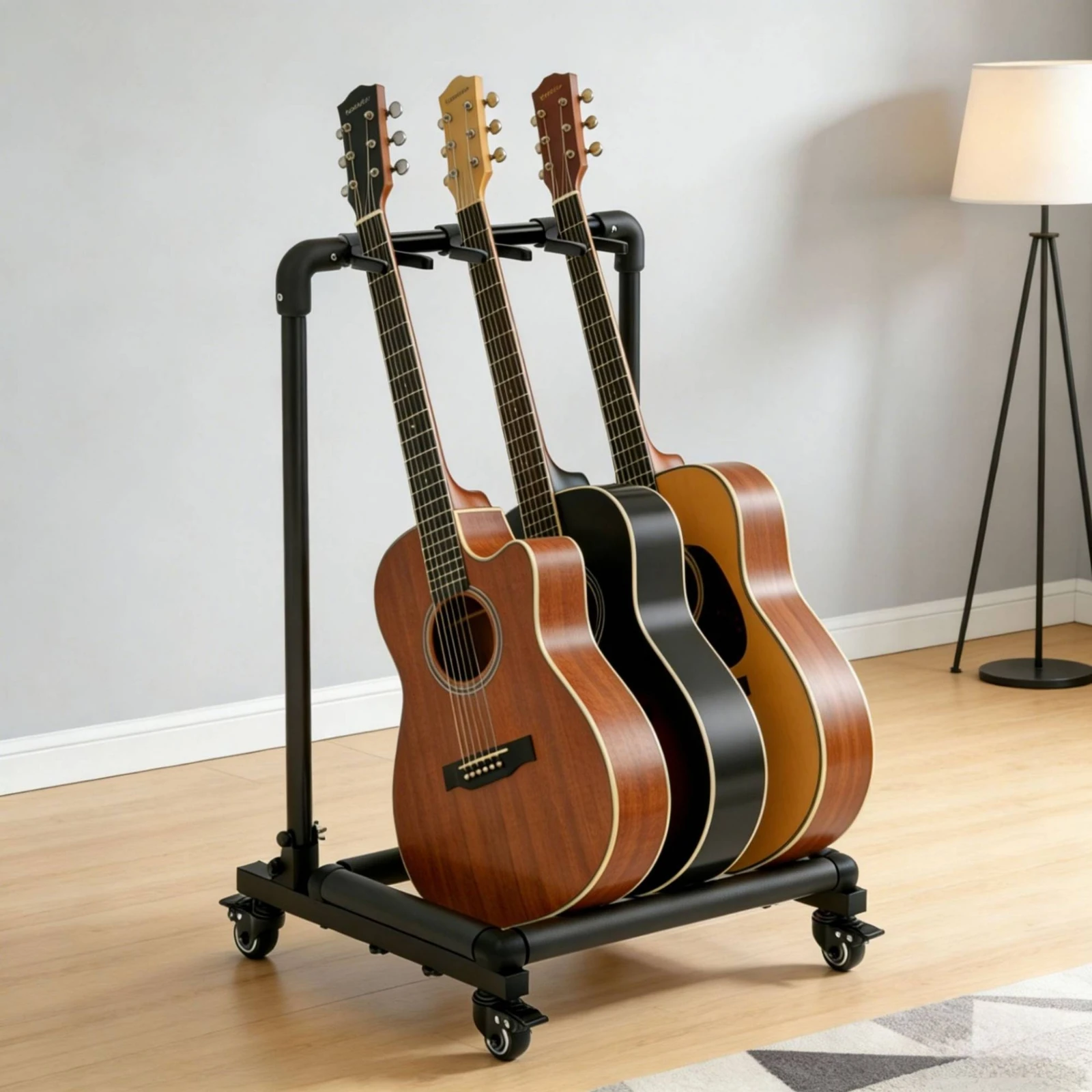 Rolling Guitar Stand Foldable Guitar Stand with Casters Adjustable Metal for Guitarists, Music Studio, Living Room
