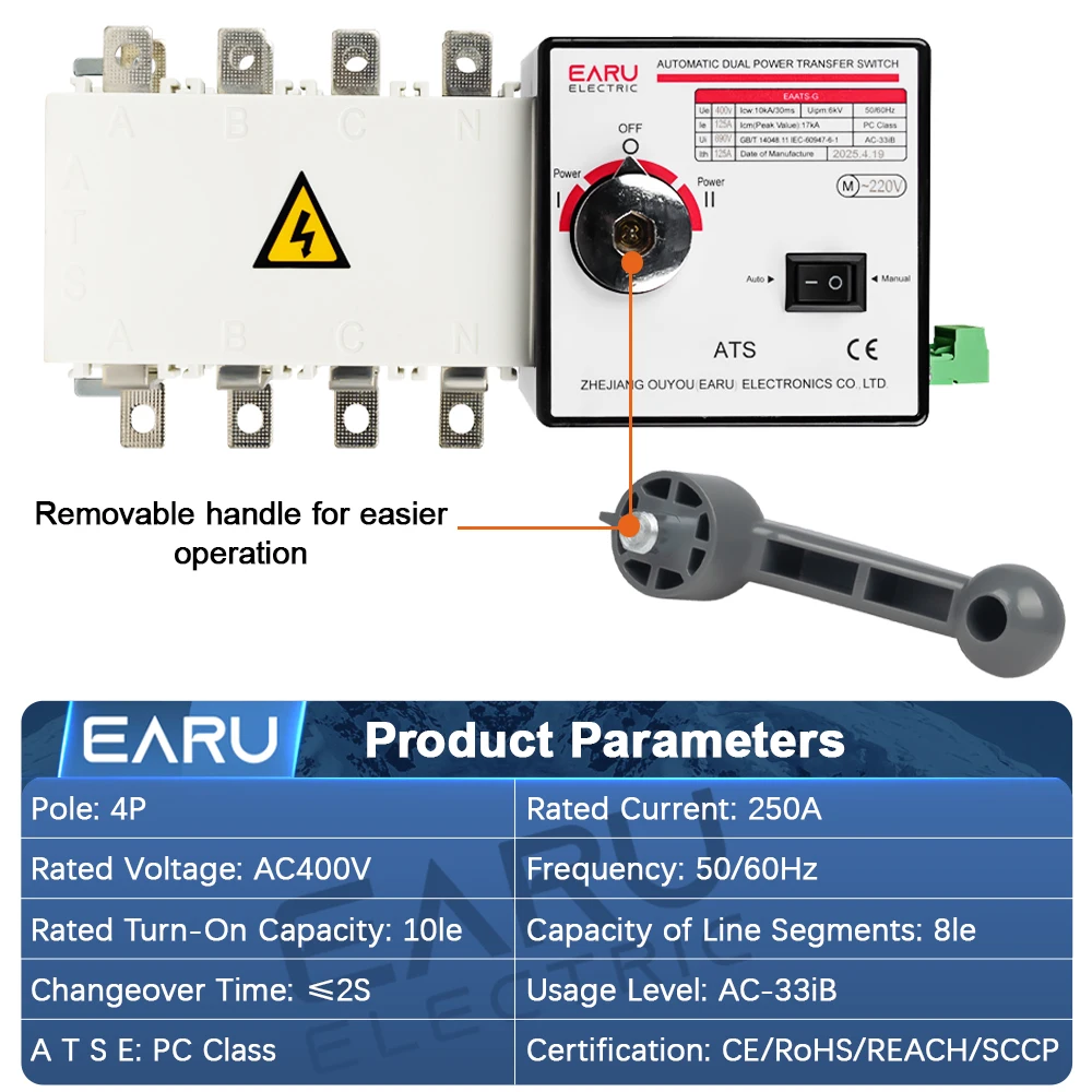EARU 4P 250A AC400V ATS PC Automatic Transfer Switch Electrical Selector Switch Auto Manual 2 Input 1 Output Uninterrupted Power