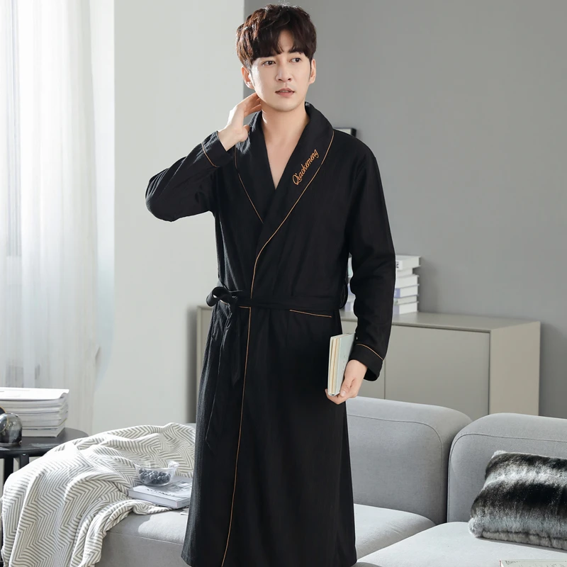 Spring Autumn Cotton Bathrobe For Men Casual Loose 4XL Lapel Robe Fashion Man Solid Letter Men\'s Soft Bath Kimono With Belt