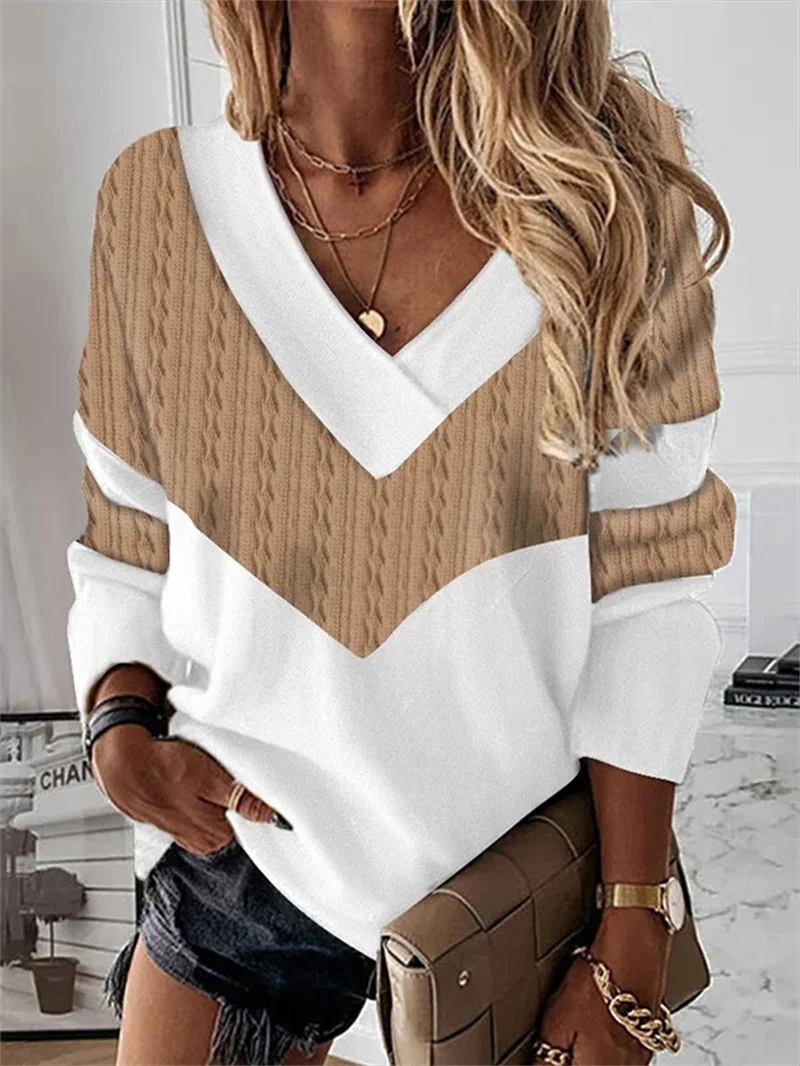 Women's Splicing V Neck Casual T-Shirt Elegant Long Sleeve Pullover Tees Female Autumn Fashion Street Digital Print Daily Tops