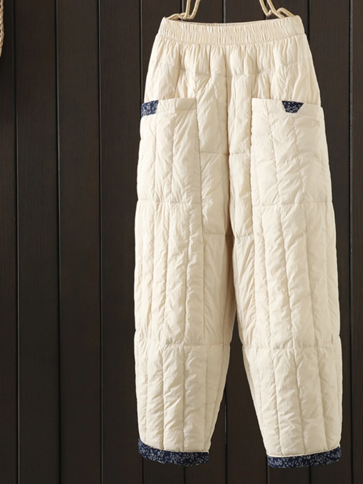 レトロパッチワークダウンコットンパンツ女性のルーズ厚く暖かいカジュアル 9 ピース冬のズボン快適なプラスサイズのパンツ