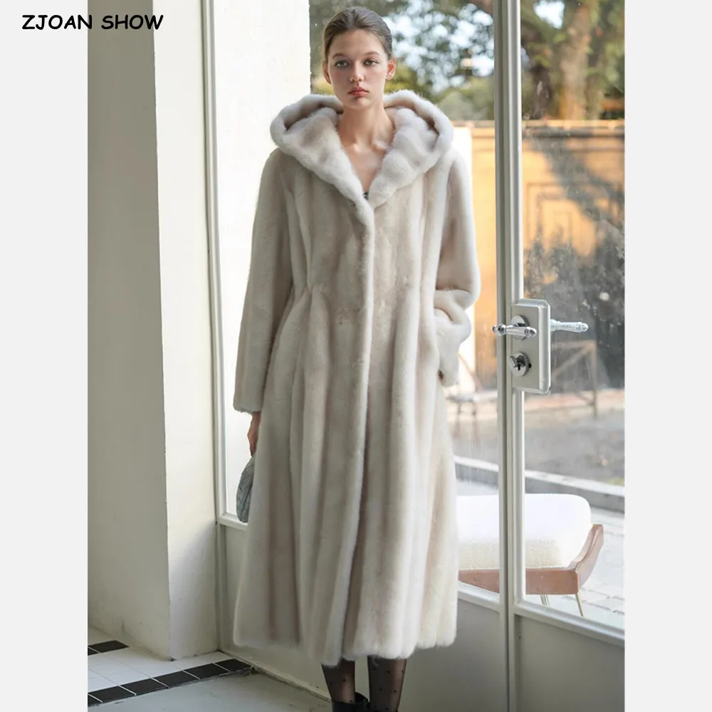 

New Winter Milky white Mink Faux Fur Hooded Coat CHILL Women Long Sleeve Shaggy Slim Waist Below Knee Length Outerwear Black