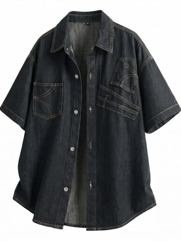 

Loose Fit Distressed Short Sleeve Denim Pants Korean Style Individual Personality Crossed Legs Fashionable Streetwear