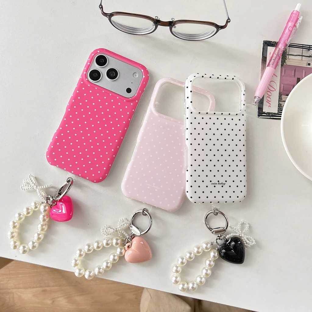 Korean Style Minimalist Polka Dot With Bead Heart Pendant Shock Proof Phone Cover Case for iPhone 17 16 15 14 Pro Max