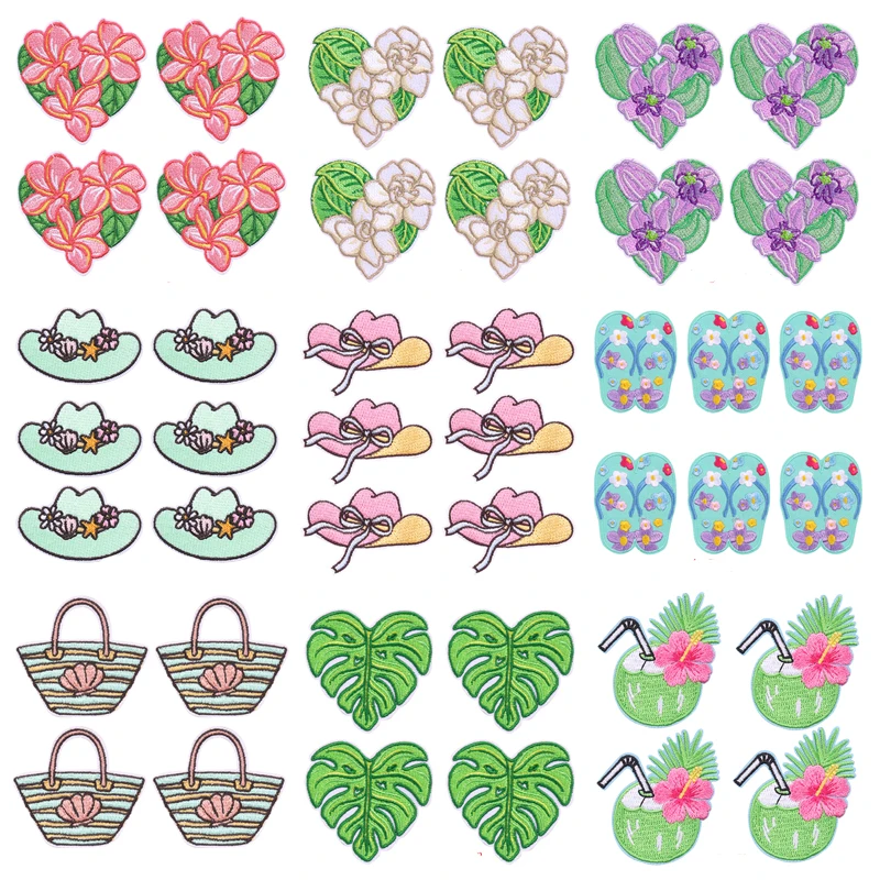 5 Stück/Set Sommerblumen Lavendelblätter Stickerei-Aufnäher Hut Kokosnuss Aufbügelbare Aufnäher für Kleidung Thermoadhäsive Aufbügelbare Aufnäher