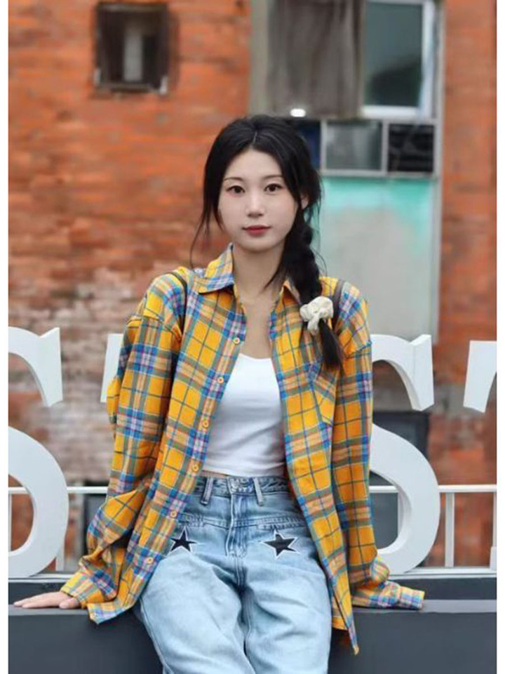 French Style Yellow Plaid Shirt Women's Spring Summer 2025 New Sunscreen Long Sleeve Top Button Fashion Ladies Shirts Popurlar