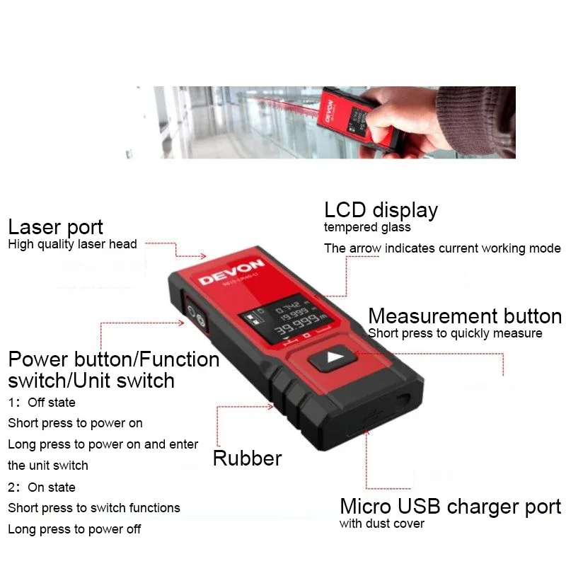 Imagem -02 - Devon-telêmetro a Laser 9815-lm60 Telêmetro Eletrônico 60m Carregador Usb Fita Métrica a Laser Régua Digital Novo