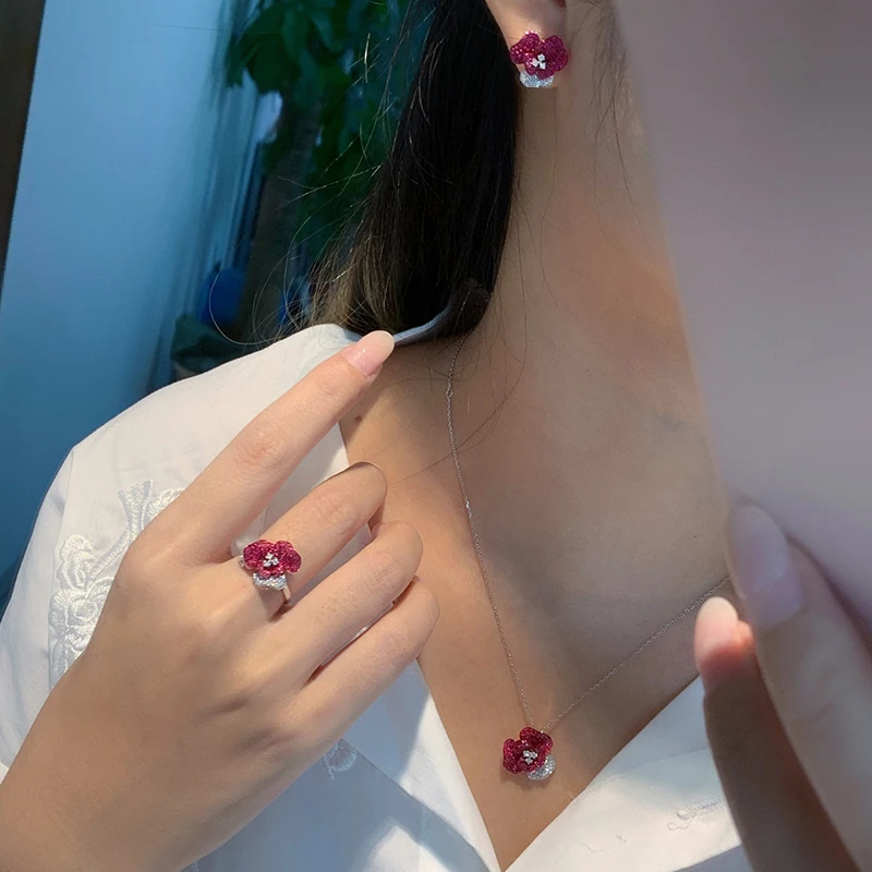 Aazuo Luxury  Jewelry 18K White Gold Real Natrual Ruby Real Diamond Flower Jewelry Set Ring Gift For Women Wedding Party