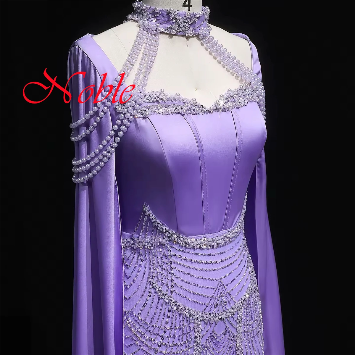 Customized Simple Light Purple Satin Evening Dress Exquisite High Neckline Long Sleeves Zipper Back Pearls Beading Party Dress