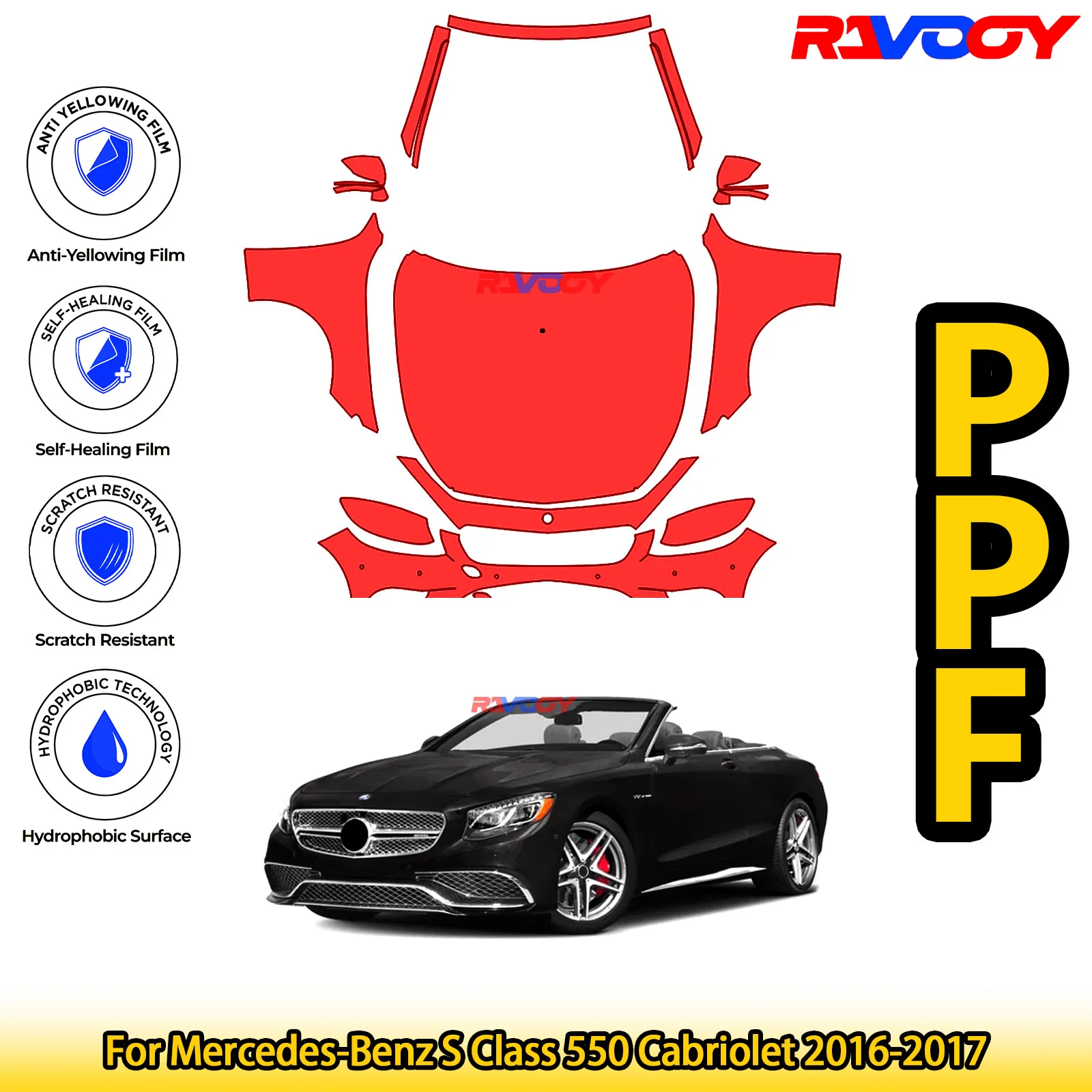 

For Mercedes-Benz S Class 550 Cabriolet 2016-2017 Glossy Matte Black Precut front PPF Kit Paint Protection Film