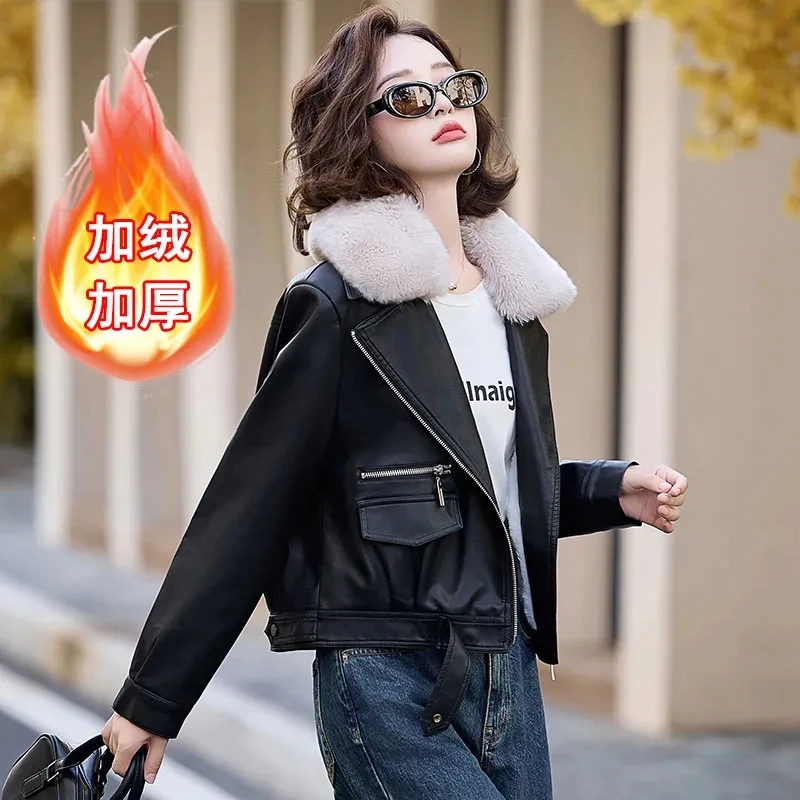 Chaqueta cálida de cordero para mujer, abrigos cortos gruesos para motocicleta, chaquetas de piel sintética con cremallera, prendas de vestir geniales, abrigo para mujer